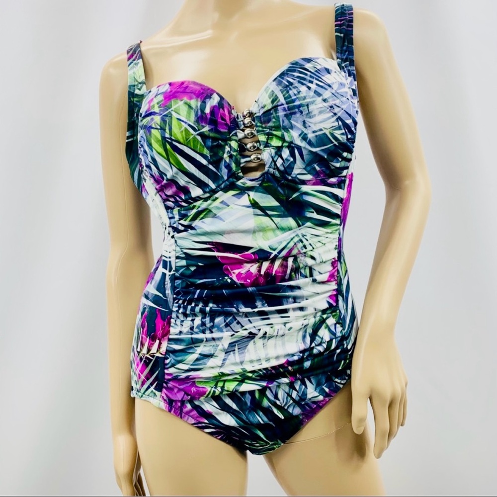 Flattering One PieceTropical Swimsuit with Ruching and Tummy Control